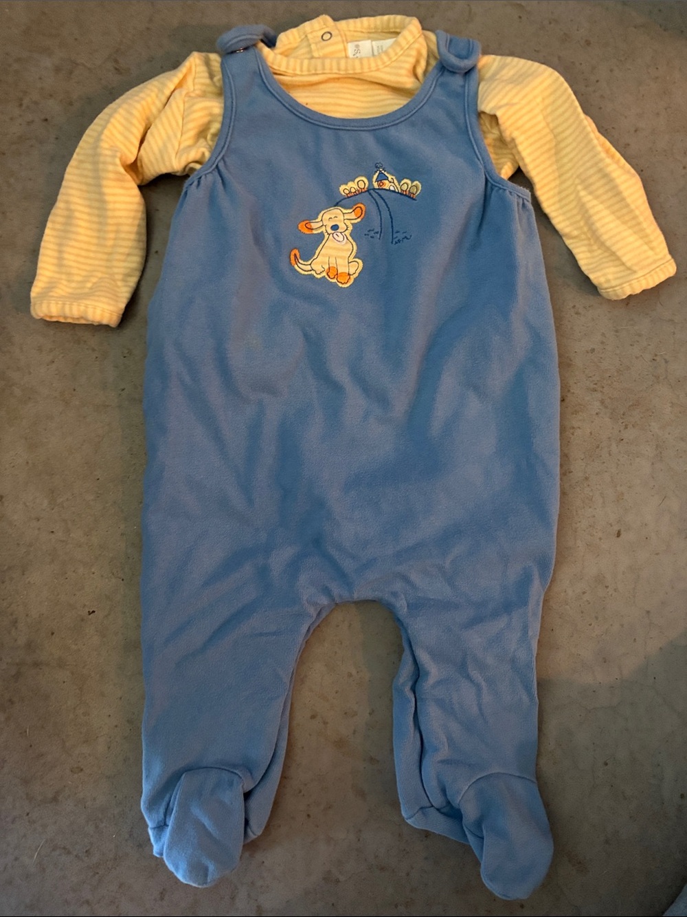 2000s Carter's Blue Fleece Footed One-Piece with Yellow Striped Undershirt